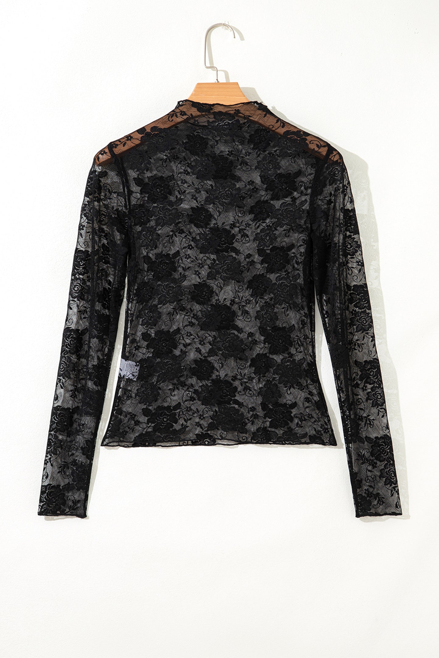 Black Plus Size Floral Mesh Long Sleeve Top