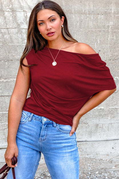 Burgundy Plus Size Solid Color Asymmetric Neck Short Sleeve Blouse
