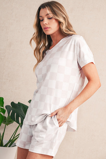 Beige Checkered V Neck Tee and Drawstring Shorts Pajama Set