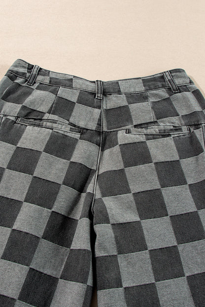 Dark Grey Checkered Light Washed Wide Leg Jeans