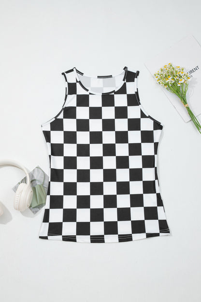 Black Checkerboard Printed Slim Tank Top