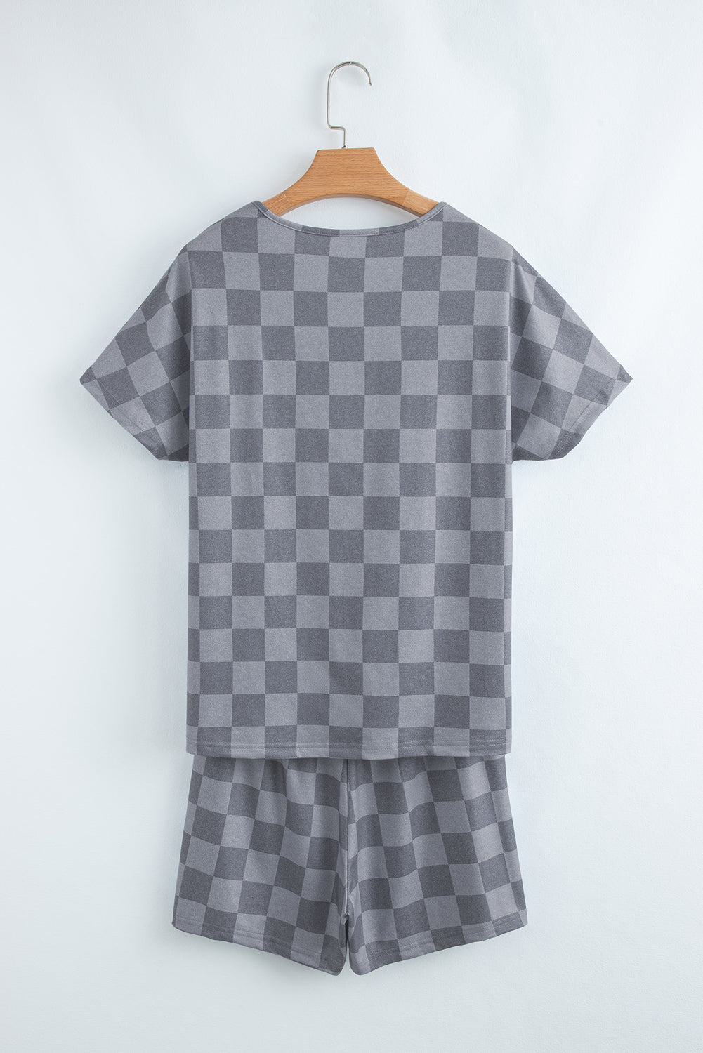 Gray Checkered V Neck Tee and Drawstring Shorts Pajama Set