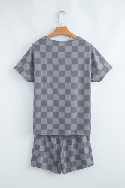 Gray Checkered V Neck Tee and Drawstring Shorts Pajama Set