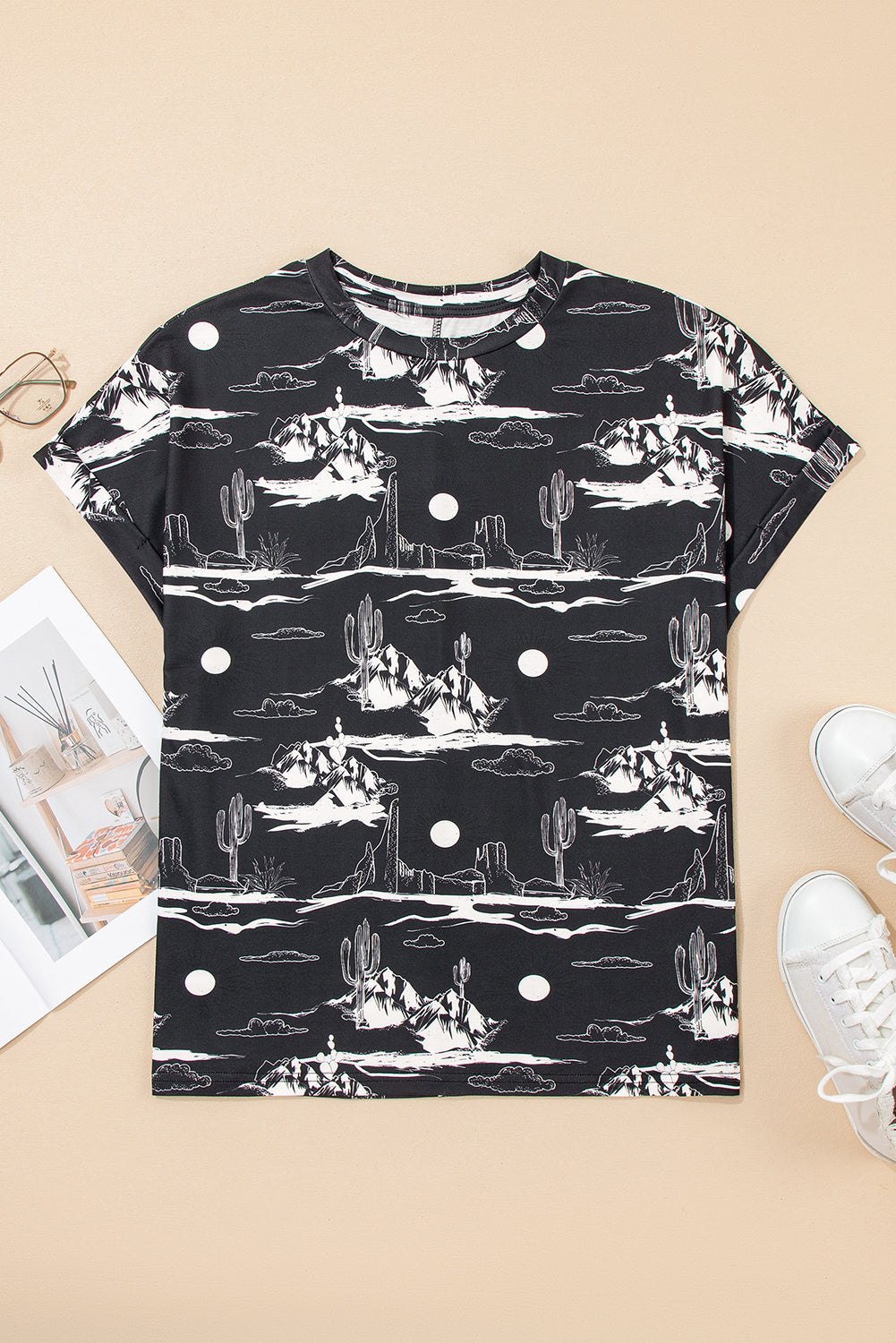Black Summer Desert Sand Print Short Sleeve Tee