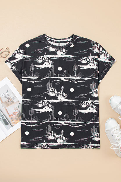 Black Summer Desert Sand Print Short Sleeve Tee