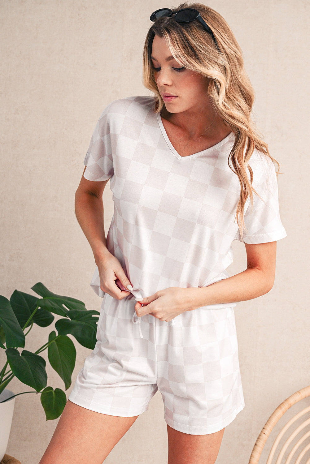 Beige Checkered V Neck Tee and Drawstring Shorts Pajama Set