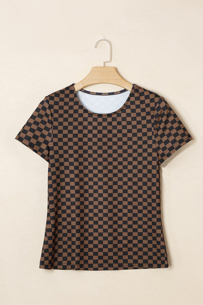 Black Checkerboard Round Neck Summer T Shirt