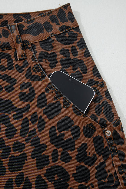 Brown Clear Seam Detail Patchwork Leopard Print Barrel Jeans
