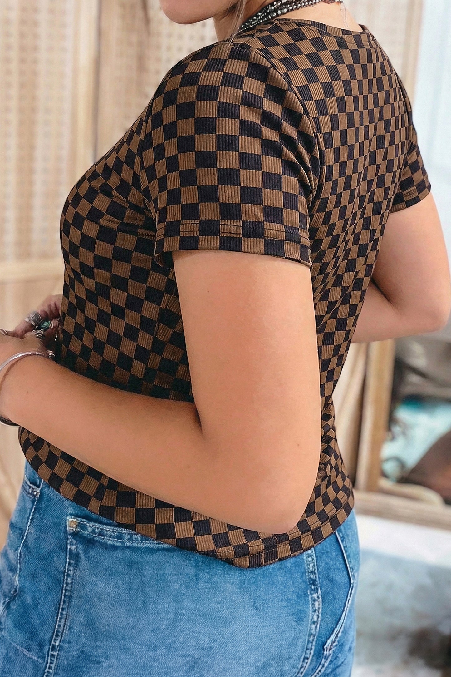 Black Checkerboard Round Neck Summer T Shirt