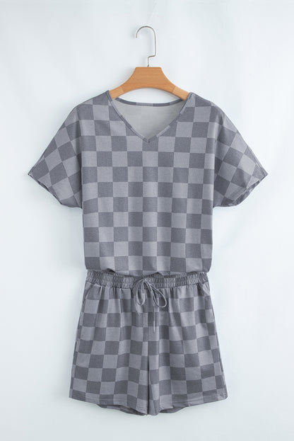Gray Checkered V Neck Tee and Drawstring Shorts Pajama Set