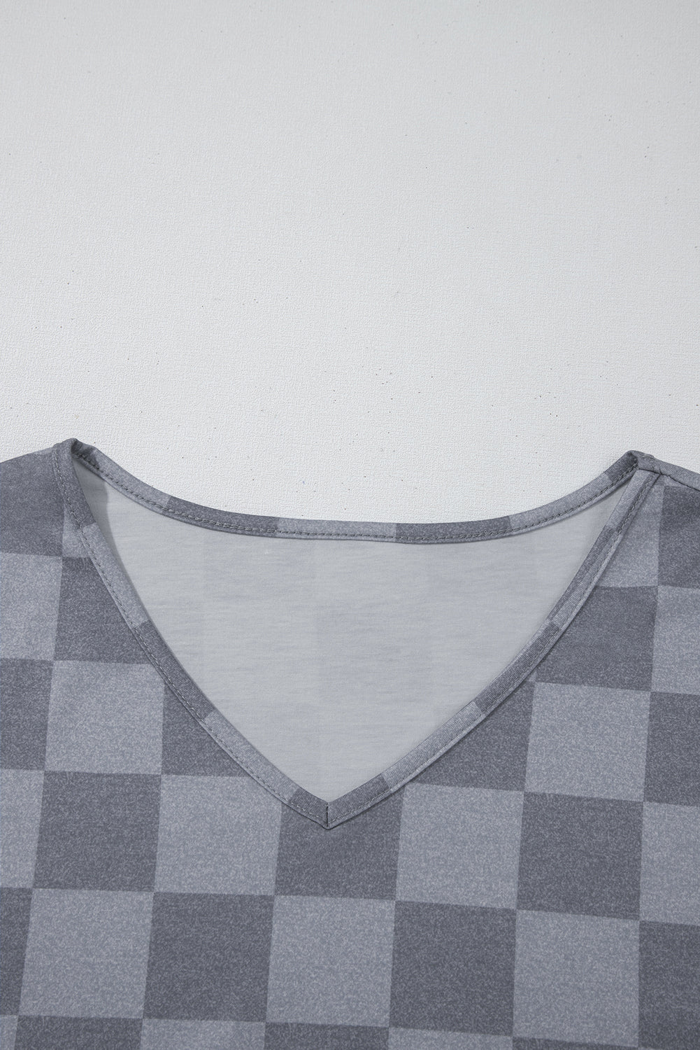 Gray Checkered V Neck Tee and Drawstring Shorts Pajama Set