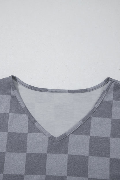 Gray Checkered V Neck Tee and Drawstring Shorts Pajama Set