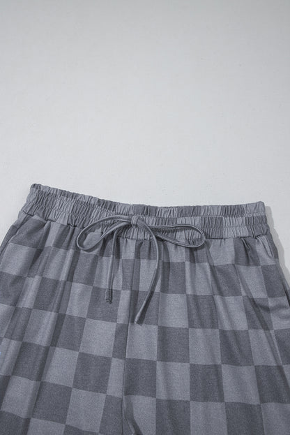 Gray Checkered V Neck Tee and Drawstring Shorts Pajama Set