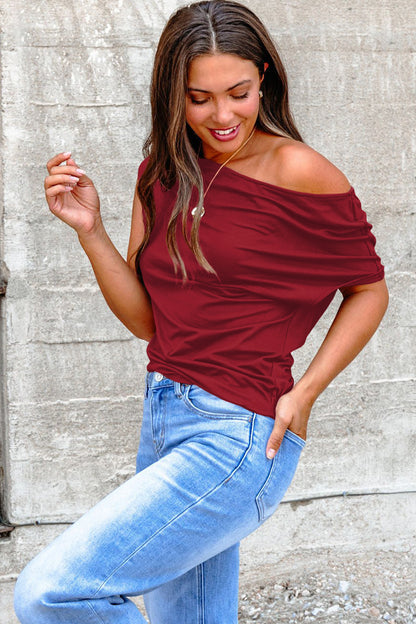 Burgundy Plus Size Solid Color Asymmetric Neck Short Sleeve Blouse