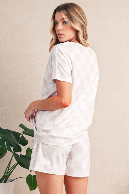 Beige Checkered V Neck Tee and Drawstring Shorts Pajama Set