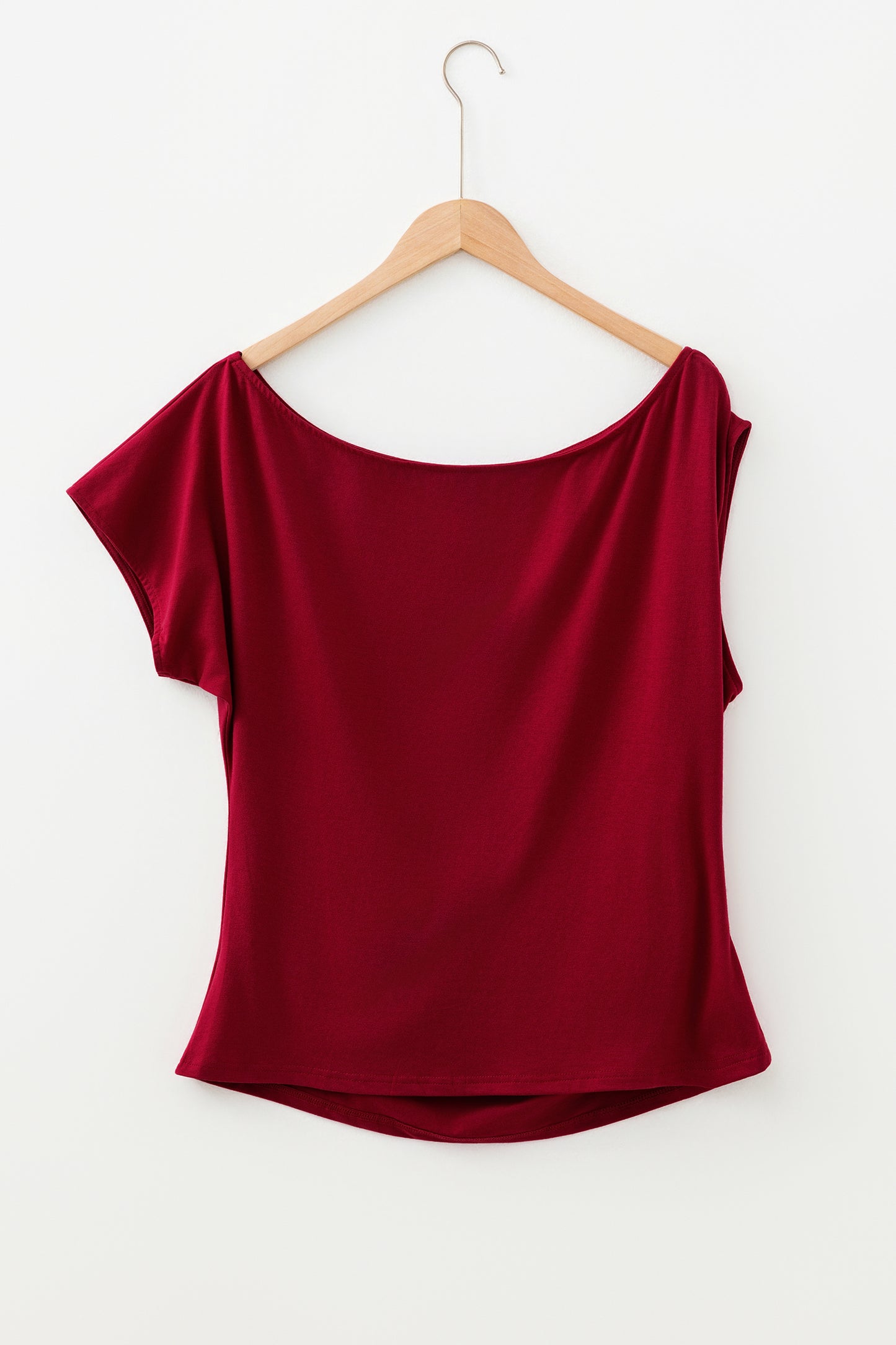 Burgundy Plus Size Solid Color Asymmetric Neck Short Sleeve Blouse
