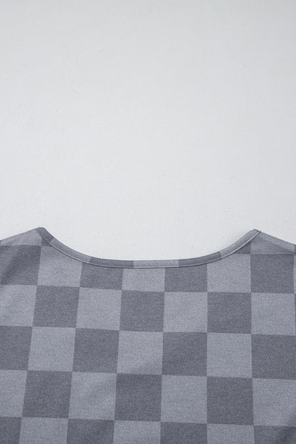 Gray Checkered V Neck Tee and Drawstring Shorts Pajama Set