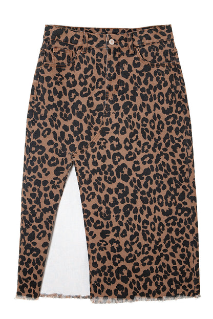 Brown Leopard Frayed Split Denim Midi Skirt
