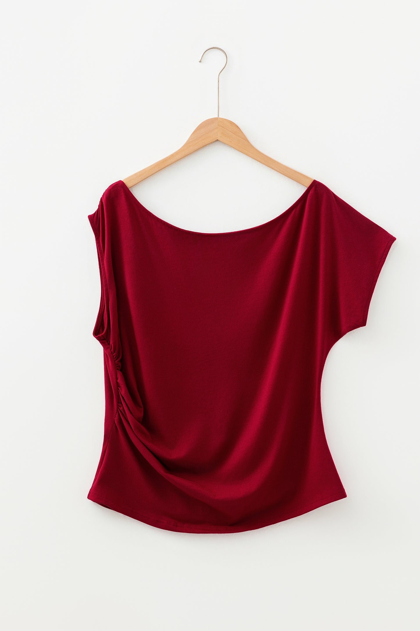Burgundy Plus Size Solid Color Asymmetric Neck Short Sleeve Blouse