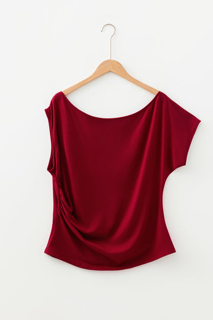 Burgundy Plus Size Solid Color Asymmetric Neck Short Sleeve Blouse
