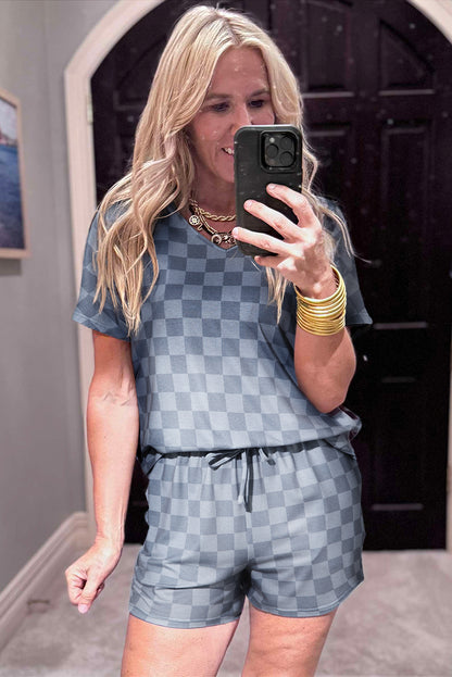 Gray Checkered V Neck Tee and Drawstring Shorts Pajama Set